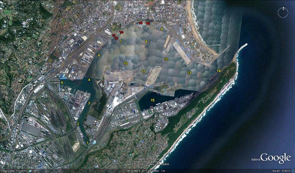 Figure 2.7: Stations where water quality was monitored in Durban Bay, January and July 2011. Aerial view reproduced from Google Earth. Temperature ( o C) Salinity 25.0 24.5 24.0 23.5 23.0 22.5 22.