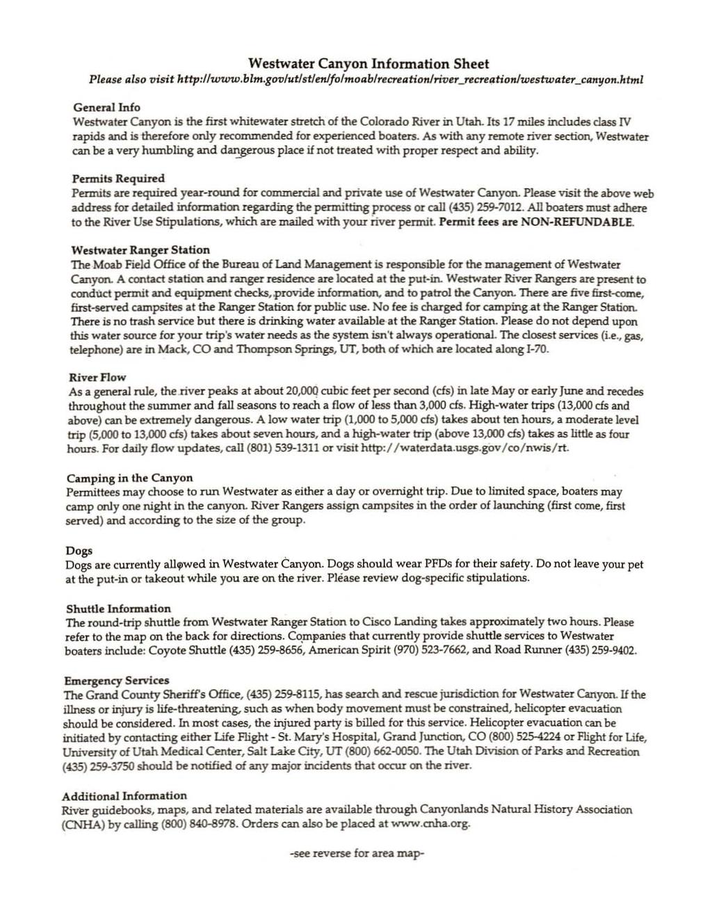 Westwater Canyon Information Sheet Pl~IlSf! also tlisit http://ujww.blm,gotjlutjst/mjlolmoab/rf!crf!q.tion/river_tf!cre~tionlwestwater3anyon.