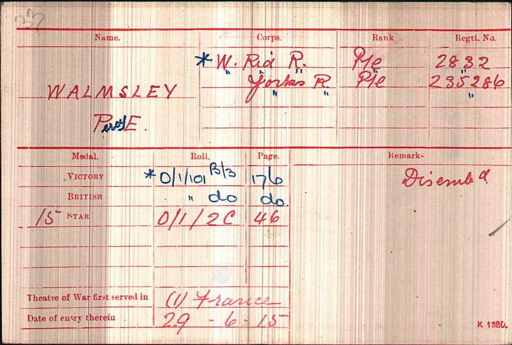 Percy Walmsley s medal card service with the West Riding Regiment and Yorkshire