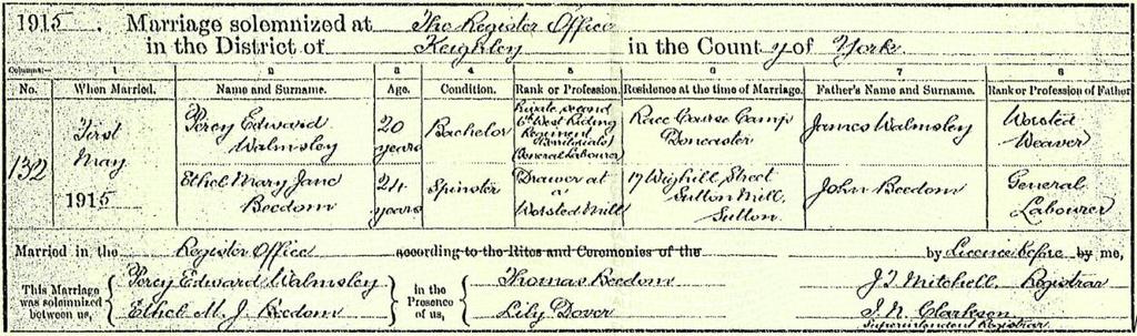 Walmsley Beedom marriage certificate (c) Crown Copyright Note: The 2/6 battalion designation was either incorrect or, more likely, a temporary assignment.