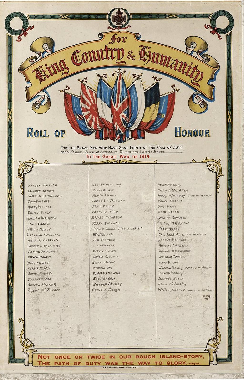 Percy s name was included on Farnhill Methodist Chapel s Roll of Honour, which was unveiled on 9 th July 1916 by which time he was probably back in France,