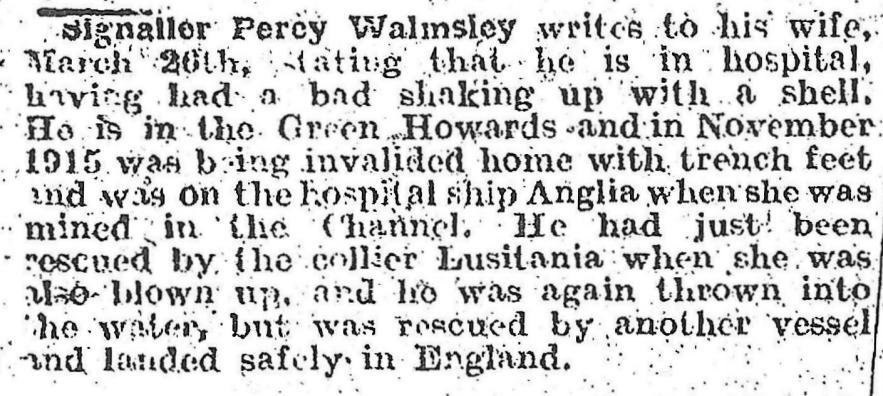 In March 1918, while serving with the Yorkshire Regiment, Percy Walmsley wrote home to his wife to let her know that he was in hospital again (reported in the Craven Herald 5/4/1918).