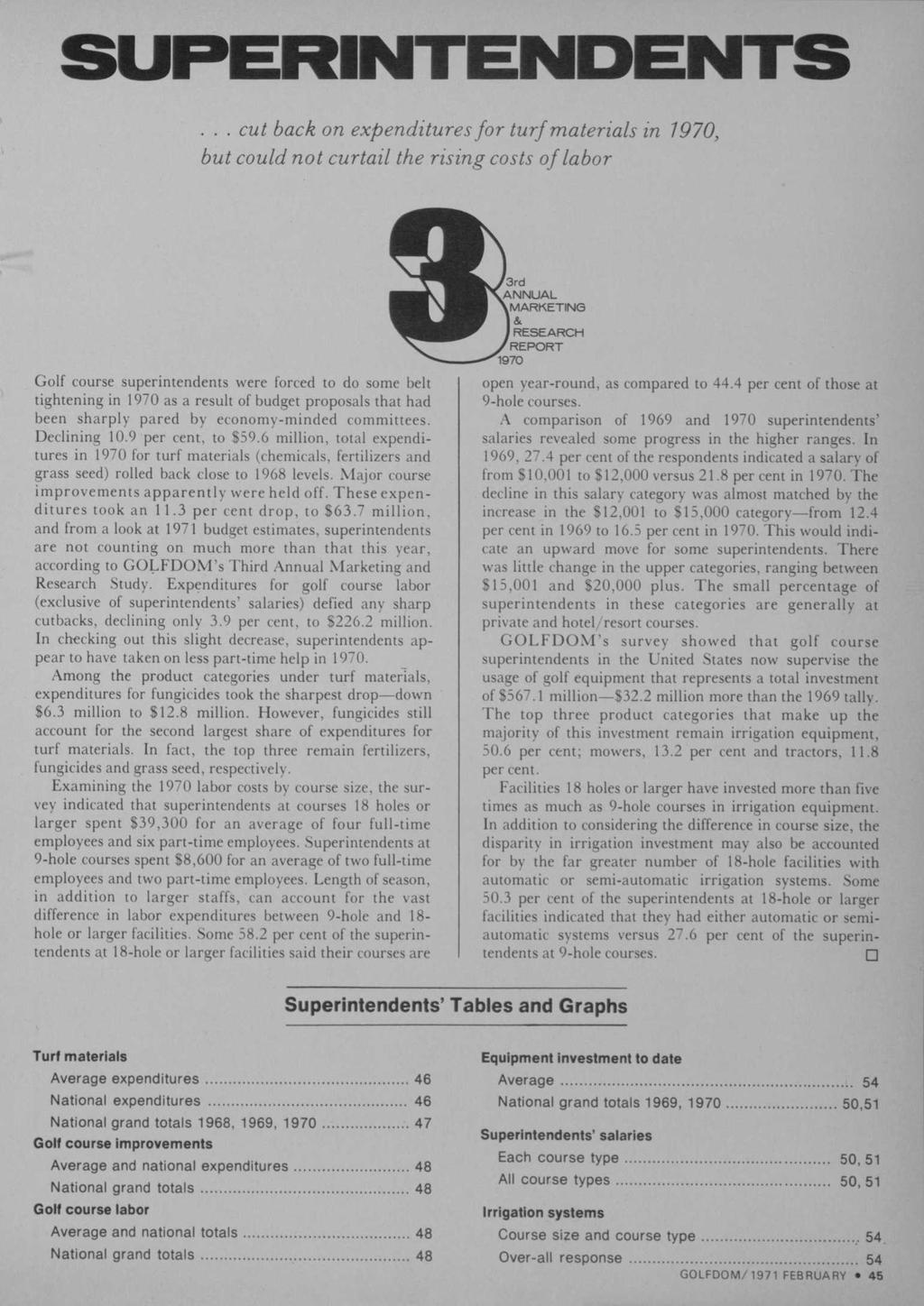 ... cut back on expenditures for turf materials in 1970, but could not curtail the rising costs of labor 3rd ANNUAL MARKETING RESEARCH REPORT 1970 Golf course superintendents were forced to do some
