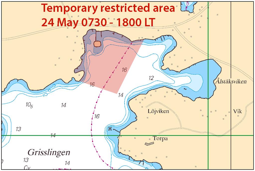14 maj 2014 * 9526 (T) Chart: 6142 Sweden. Northern Baltic. Stockholm. Grisslingen. Motor boat race. Temporarily restricted area. Area in Grisslingen ap.