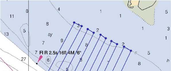 Chapter 3 Programs Figure 3-12 A Well Planned Depth Surveys Should Run Perpendicular to Depth Contours This chart section illustrates diagonal courses with depths recorded at equal intervals, making