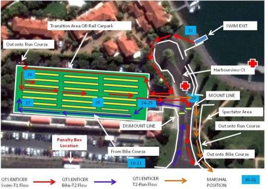 This next map is from a Brisbane triathlon where access in and out of the transition area is only possible from one end.