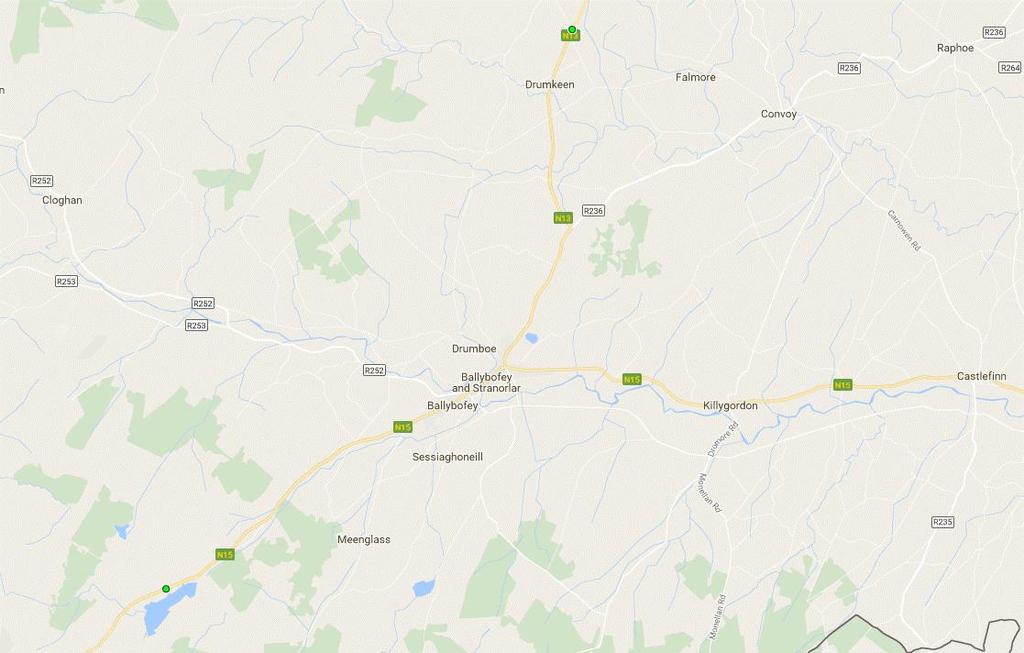 Figure 3-1 Location of TMUs on N13 and N15 on the North and South of Ballybofey/Stranorlar Figure 3-2 shows the average hourly traffic profiles for weekdays and a full week.