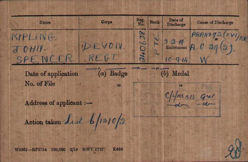 Spencer Kipling December 1918 He was formally discharged from the army in February 1919 under para