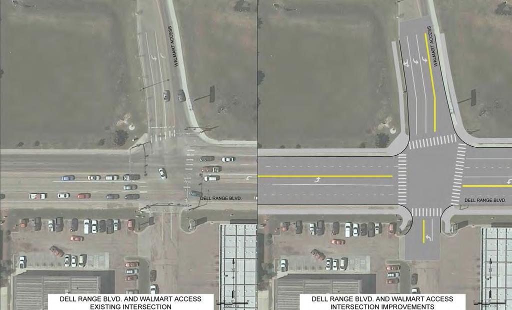 7. Walmart Drive Intersection The existing intersection of Dell Range Boulevard and Walmart Drive operates with all movements at LOS D or better with the exception of the westbound right-turn
