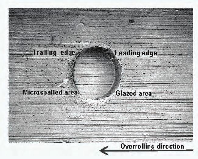 Surface geometrical disturbance in rolling sliding contacts with low sliding conditions (rolling bearings) Low sliding conditions are typical for the centre of raceway rolling bearing contacts (S < 0.