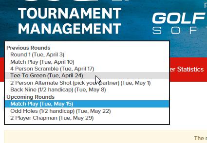 To view the Tee Sheet of previous or upcoming rounds, simply click the down arrow in the Rounds text box (red arrow above) and select the desired round