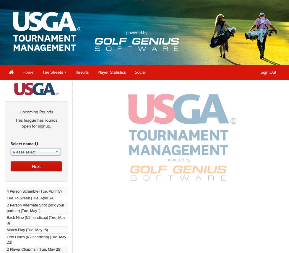 Upon a successful log the Home page for the USGA Tournament Management will be displayed as shown below Figure 5 - USGA Tournament Management Home Page The instructions presented below will delve