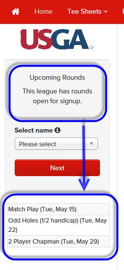 Home Page From the Home page of the USGA Tournament Management, the initial view will display the Upcoming Rounds your Club Pro / GG Administrator has already set up in the GGS system.