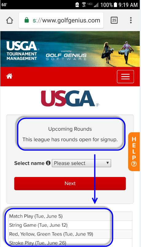 Phone If you are using a smart phone to access the USGA Tournament Management, the initial view is identical to that of the computer web page with the exception of the menu bar button replacing the