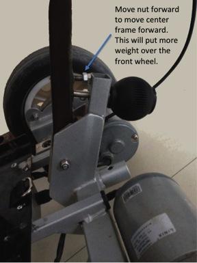 Extend length of adjustment bolt to shift cart frame handle forward. This will put more weight over the front wheel.