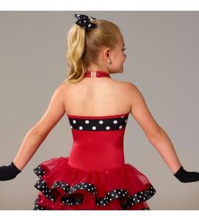 00 Costume Cost Includes: Nylon/spandex and dotted poly/spandex leotard with piping trim and attached tricot layered tutu and ribbon trim.