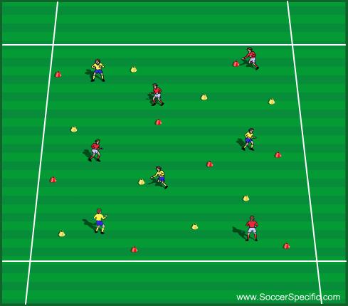 Players only touch markers of a specified color. 2. Players turnover opposition markers (and correct their own). 3. Introduce use of a soccer ball.