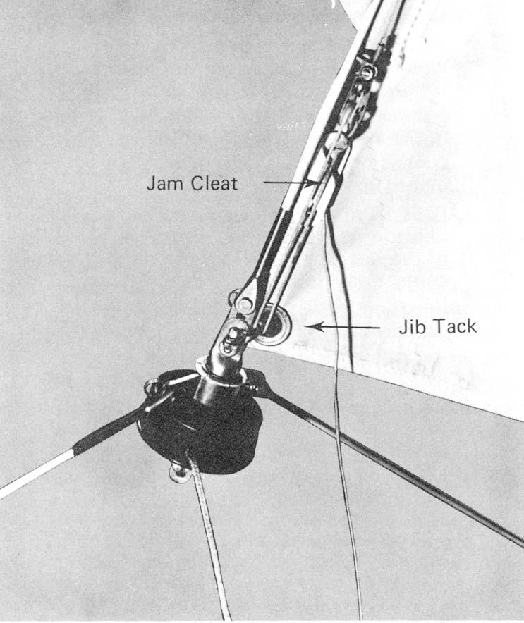 Raising the Jib 1. Attach the shackle on the end of the jib halyard wire to the head of the jib. 2. Wrap the luff pocket of the jib around the forestay and engage the zipper an inch or so.