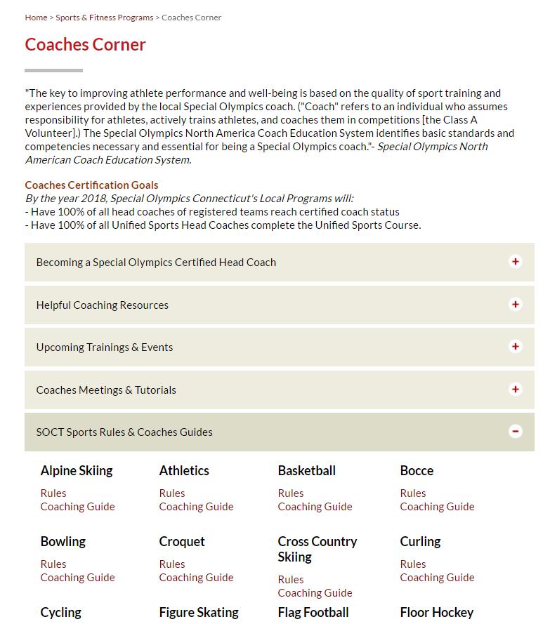 To access the Coaches Corner, hover over Sports & Fitness Programs on the homepage, then click on the Coaches Corner page Once you are in the Coaches Corner section, scroll all the way down to the