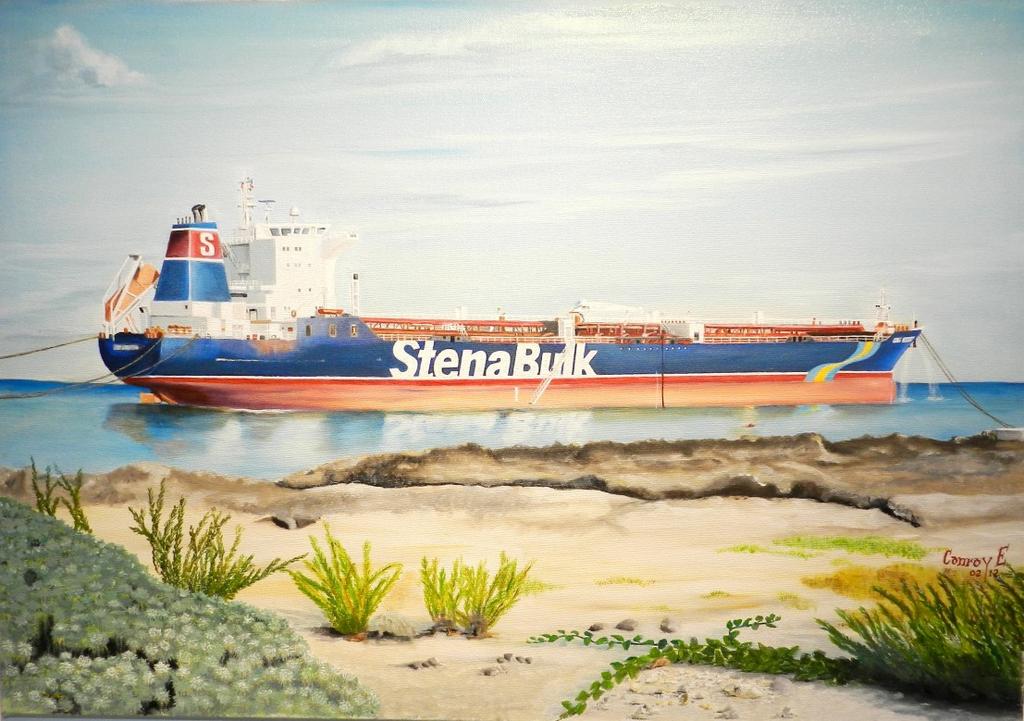 Conroy Ebanks. The StenaBulk FIND this painting. It represents a tanker, which is designed to carry large quantity of liquids. What do you think would be its cargo for Cayman?