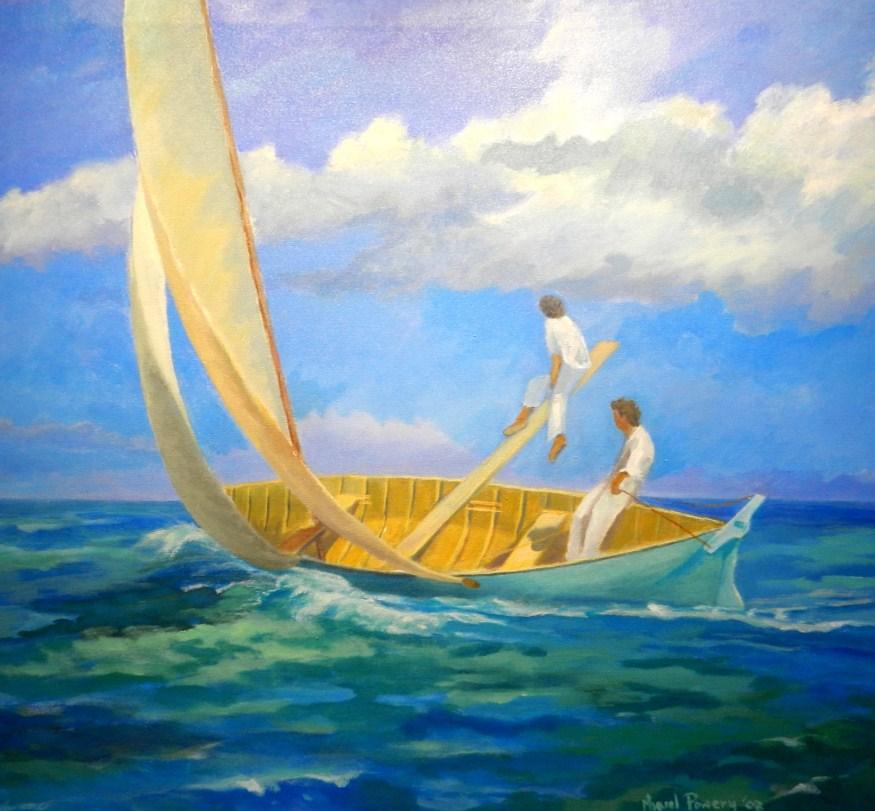 Miguel Powery. Father and Son c. 2006 Miguel Powery. Riding High c. 2008 COMPARE this painting Riding High with Father and Son by Miguel Powery. 2006. Why do you think the fishermen sit high in one painting and low in the other?