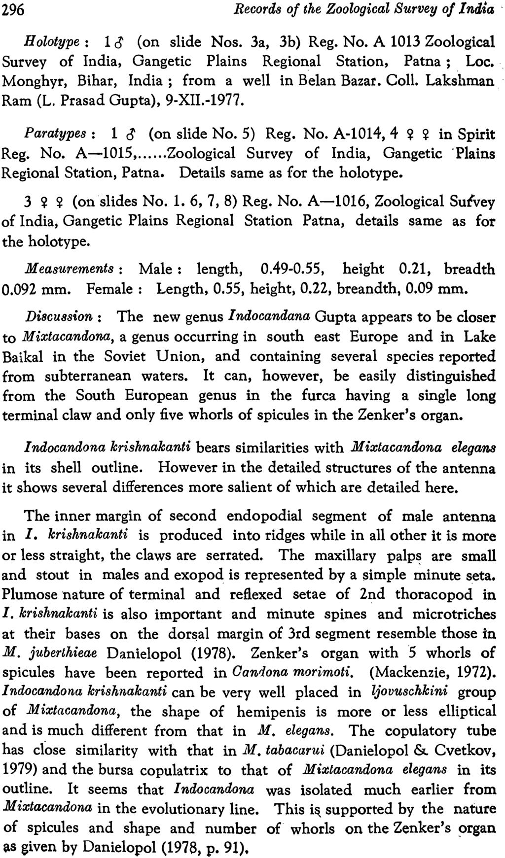 296 Records of the ZoologicaZ Survey oj 1 nrjia. Holotype: 1 0 (on slide Nos. 3a, 3b) Reg. No. A 1013 Zoological Survey of India, Gangetic Plains Regio~al Station, Patna;. Loe.