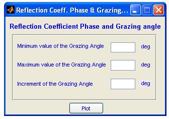 Range of grazing angle can be chosen from the GUI which will appear after clicking the pushbutton Reflection Coefficients with phase and grazing angle in the initial screen. Fig.