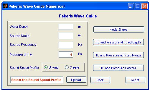 A 3.10 PEKERIS WAVE GUIDE (RAYLEIGH-RITZ SOLUTION) It can be used similarly as the analytical solution. Only here the user have upload or create a sound speed profile to run the code.