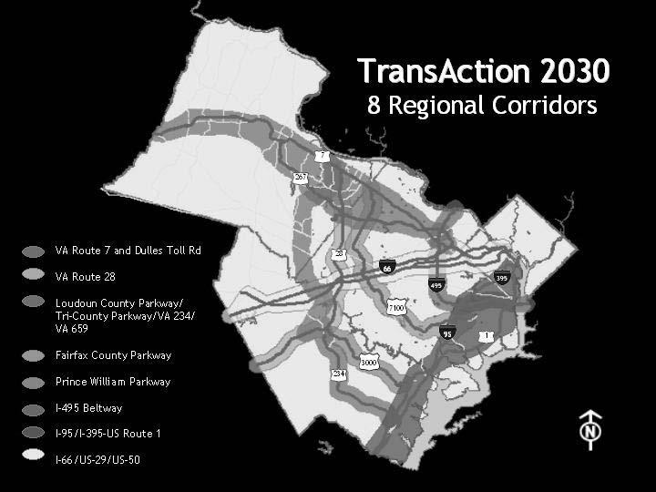 The TransAction 2030 Plan includes the nine jurisdictions of Northern Virginia and will focus on road, transit, bicycle and pedestrian improvements in eight regional corridors: Virginia Route 7 and