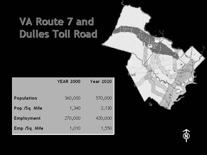 Improvements to Virginia Route 7 and the Dulles Toll Road corridor include: The construction of Metrorail from the West Falls Church station to Dulles Airport and Ashburn in Loudoun County; and the