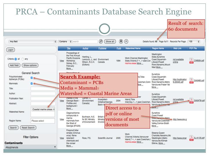 Slide 4: The Contaminants Database Search Engine is a geo-referenced searchable database of documents regarding contaminants - published reports and scientific journal articles.