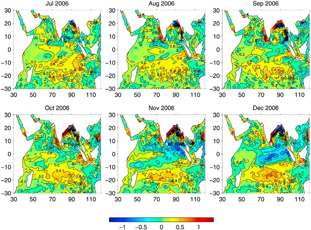 Figure 3. Monthly variation of the SODA sea surface salinity anomalies from July to December 2006 for a case of a positive IOD 2006 event with the co occurrence of an El Niño event (see Table 1).