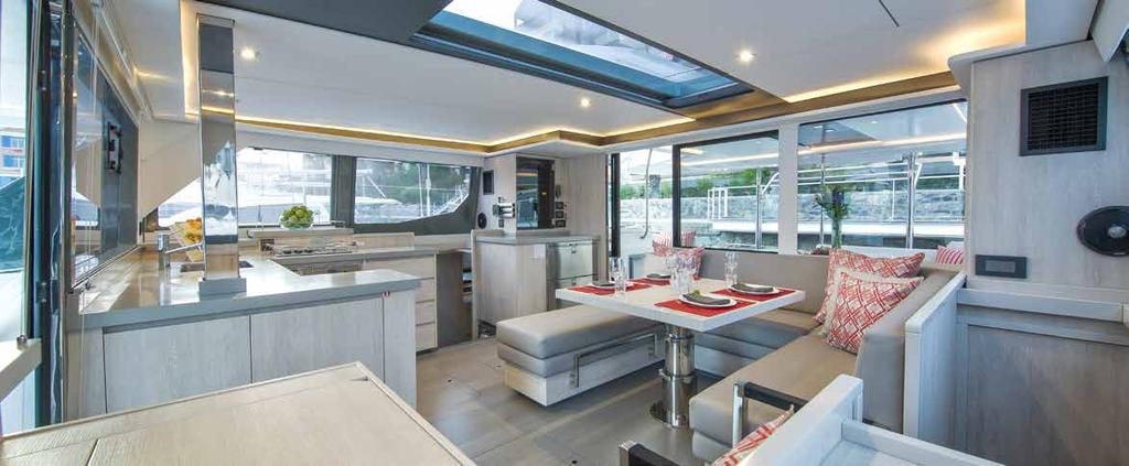 Interior The Perfect Blend of Comfort and Style The Leopard 45 has been overhauled with full wrap around panoramic windows, a saloon size overhead skylight and enlarged hull