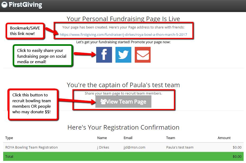 12. This is an example of what a complete TEAM REGISTRATION looks like: (YOUR information will be on your page) NOTE: If you lose this link to your information, it is automatically emailed to you