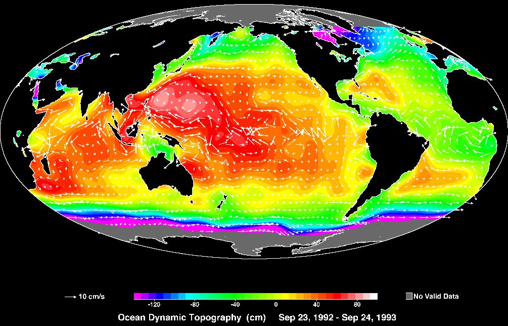 Ocean topography and surface currents notice clockwise water