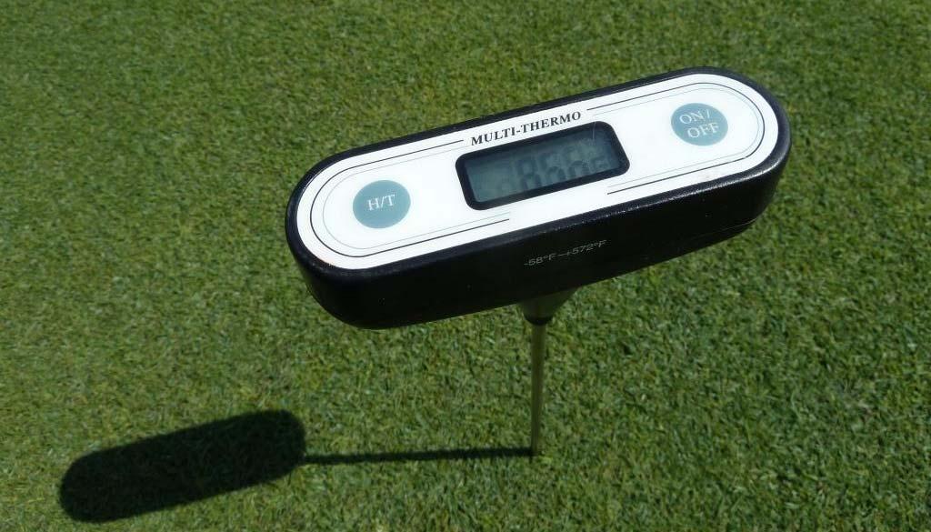 Creeping bentgrass greens lacking air movement remain off-color (patches likely heat intolerant