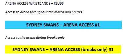 During warm up and throughout the match, on field wristbands must be worn and visible by Club Football Department personnel who require match day arena access.