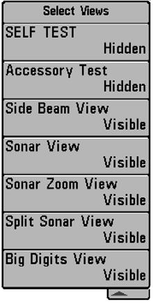 The following views are available: Self Test Accessory Test Side Beam View (QuadraBeam TM Only) Sonar View Sonar Zoom View Split Sonar View (Dual Beam PLUS TM and QuadraBeam TM only) Big Digits View.