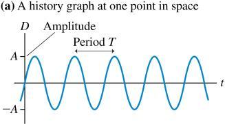 Each particle in the medium undergoes simple harmonic motion with frequency f, where f = 1/T. The amplitude A of the wave is the maximum value of the displacement.