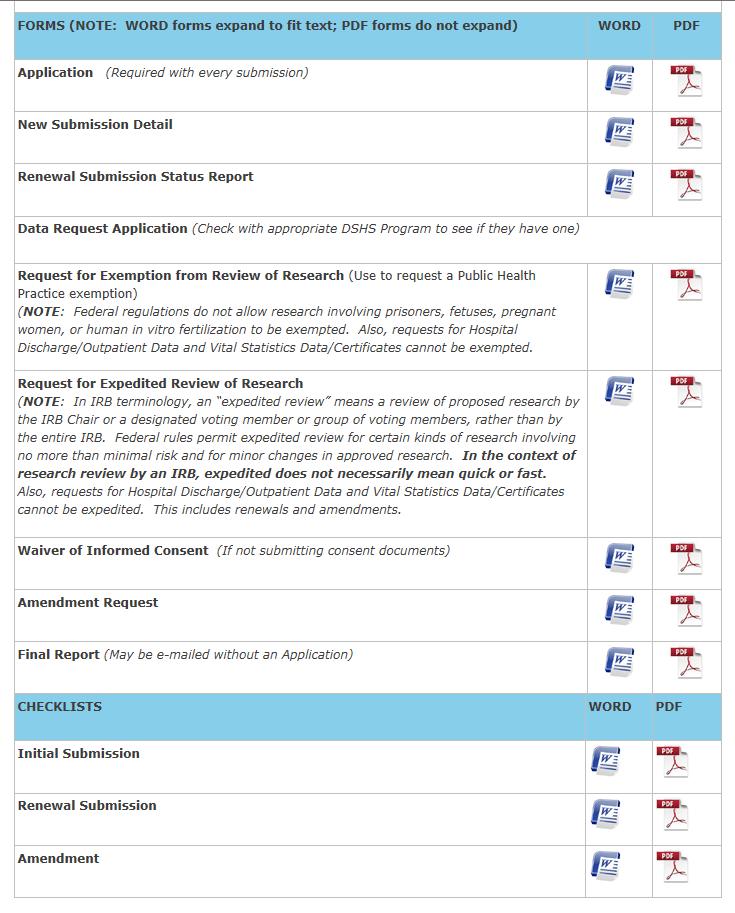 DSHS IRB Checklist and Forms DSHS IRB Application forms are located at: http://www.dshs.texas.gov /irb/applirb.