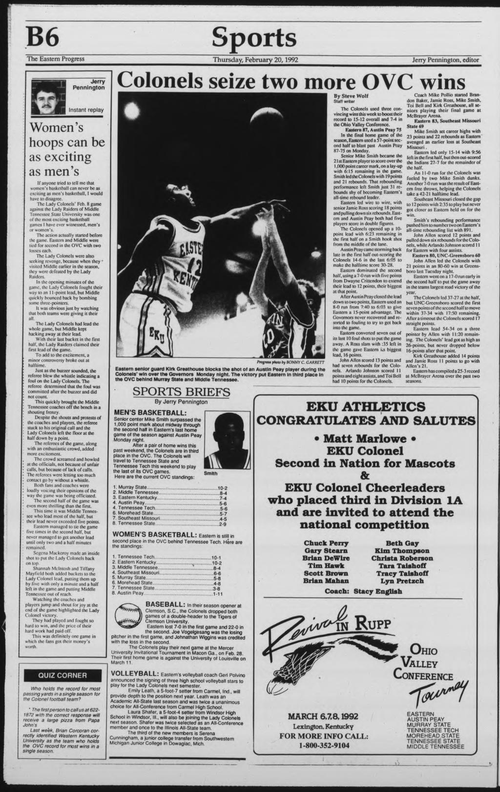 66 The Eastern Progress Sports Thursday, February 20,1992 Jerry Pennngton, edtor Jerry Pennngton nstant replay Women's hoops can be as exctng as men's l anyone tral to tell me that women's basketball