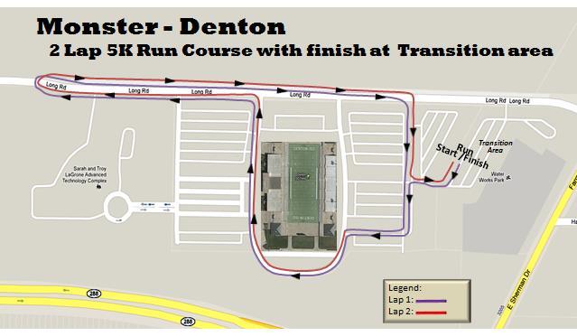 Monster Run Course Notes: The run course starts at the transition area and goes down the hill around the stadium for 2