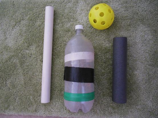 BATTING TEES A. MATERIALS NEEDED: 2-liter bottle with cap; sand or cat litter; 1 diameter PVC pipe; insulation tubing; duct tape; sand paper. B. HOW TO MAKE: Fill a 2 liter bottle 1/3 full with sand.
