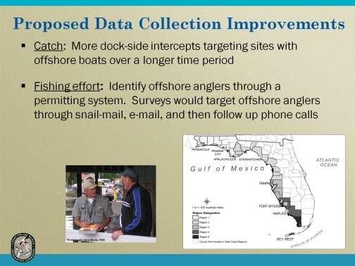 Proposed recreational fisheries data collection improvements include: 1) Additional targeted survey efforts to collect catch data from offshore private recreational fisheries.
