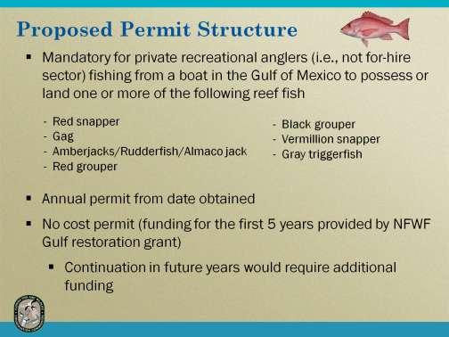 The proposed Gulf Offshore Recreational Fishing Permit would be mandatory for private recreational anglers fishing from a boat in the Gulf of Mexico (state and/or federal waters) to possess or land
