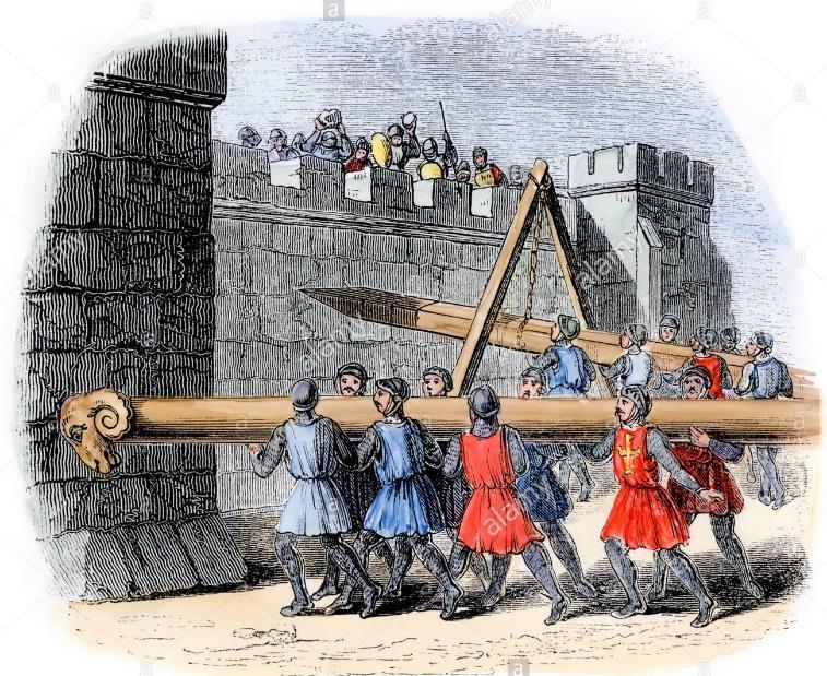 Battering Rams Alternatively to other siege warfare practices, attackers could try to get through the doors using a battering ram.