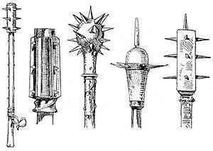 The spikes distinguish it from a mace, which can have, at most, flanges or small knobs. It was used by both infantry and cavalry; the horseman's weapon had a shorter shaft than a foot soldier s.