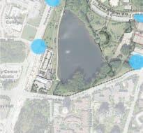 Washrooms by tennis courts 6. Lakeside planting 7. Access from Guildford Way 8. Play area (outdated) 9. Natural forest area in central zone: planting and paths could be updated 10.