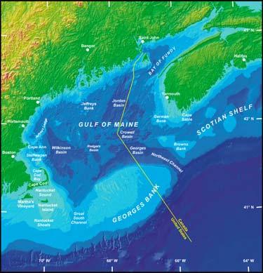 Map 1: The Gulf of Maine Maine flow in great counterclockwise gyre generated by the Nova Scotia Current a cold offshoot of Labrador Current from the Atlantic in through Northeast Channel.