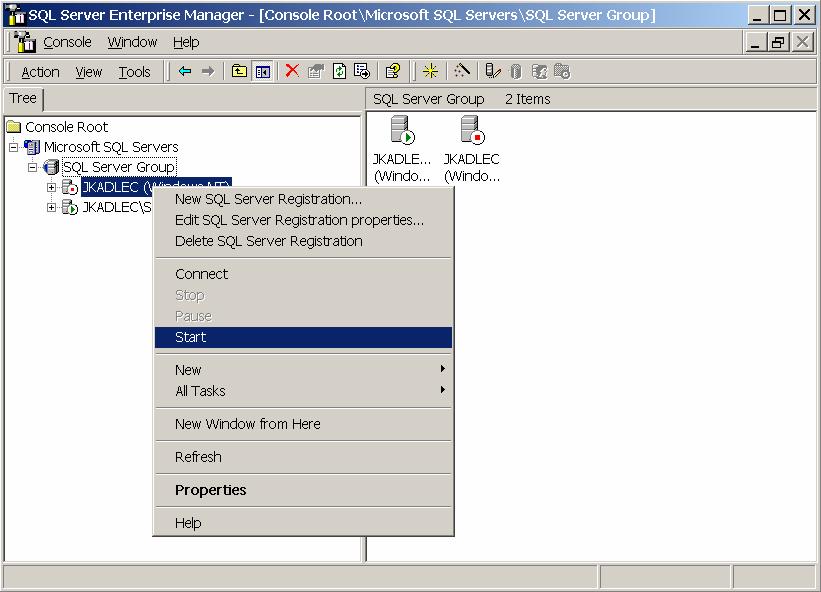 8 To start the SQL Server Services (MSSQLServer and SQLServerAgent) in Enterprise Manager right click on the server name and selecting Start and wait for SQL Server to begin to accept connections.